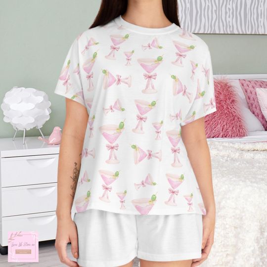 Pajama set, bridesmaid pajamas, coquette martini shirt, bridesmaid gift, it girl holiday pyjama, pink martini