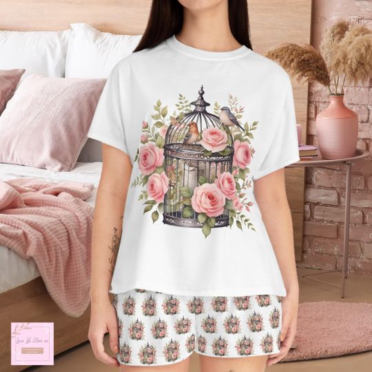 Pajama set cottage core birdcage pjs, valentines pyjamas, pyjama set, floral birds bridesmaid gift for her