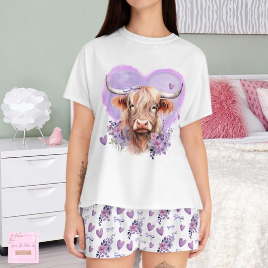 Discover Pajama set cute Valentine highland cow pjs, valentines pyjamas, pyjama set, winter cow purple hearts gift for her