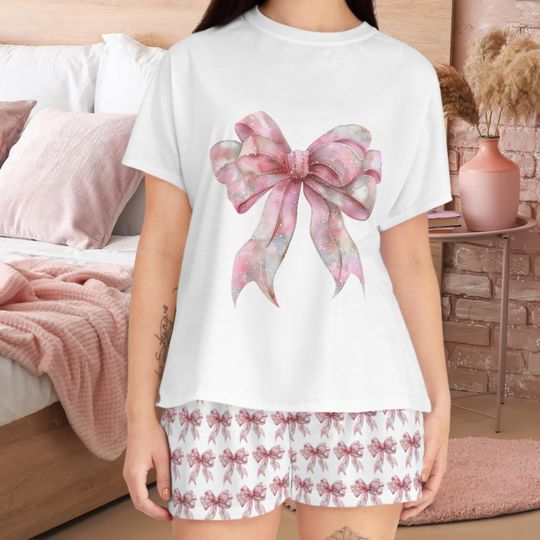 Discover Pajama set, valentines pjs, girlie feminine bow shirt, couple pyjamas, pyjama set, holiday pyjama, pink coquette