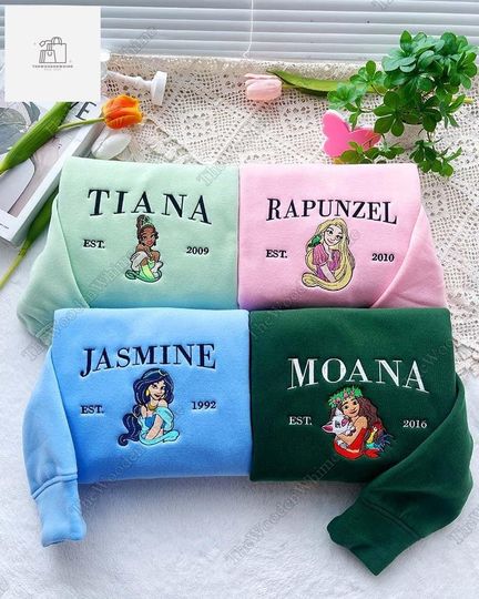 Disney Princess Embroidered Sweatshirt, Tiana Rapunzel Jasmine Moana Embroidered Sweatshirt