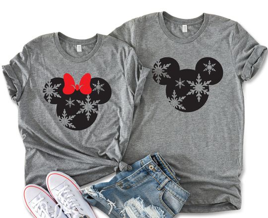 Discover Minnie & Mickey Christmas Snowflakes Unisex T-shirts, Disney Snowflakes Matching Couple Tees, Disney Christmas Vacation T-shirts
