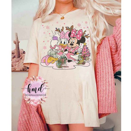 Daisy and Minnie Besties Reindeer Pink Christmas Light T-shirt, Disney Mickey's Very Merry Xmas Matching Tee, Disneyland Family Holiday Gift