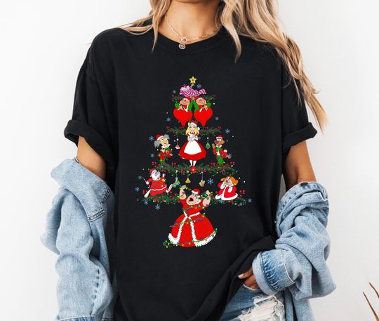 Discover Alice In wonderland Disney Christmas Tree T-shirt, Alice In Wonderland Christmas Lights Shirt, Disneyland Family Christmas Matching Shirt