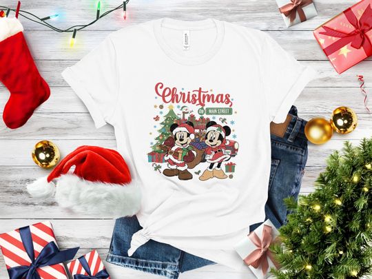 Discover Vintage Mickey Minnie Disney Christmas On Main Street Shirt, Retro Disney Christmas Shirt, Mickey's Very Merry Christmas Party 2024 Matching