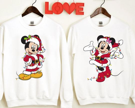 Discover Disney Santa Mickey and Minnie Christmas Lights Costume Shirt, Disney Xmas Couple Matching Shirt, Mickey's Very Merry Christmas Party Gift