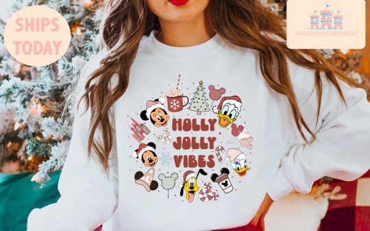 Discover Vintage Mickey And Friend Christmas Shirt,Holly Jolly vibes Shirt,Disney Christmas Shirt,Disney Trip Shirt,Disney Family Christmas Shirt
