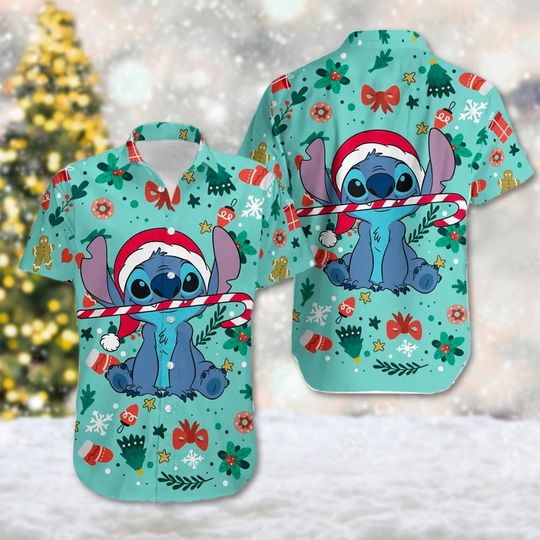 Discover Stitch Santa Hat Christmas Hawaii Shirt, Lilo And Stitch Button Up Shirt, Stitch Xmas Party Hawaiian Shirt, Cartoon Magic Kingdom 3D Shirt