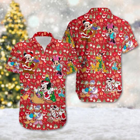 Discover Santa Mickey Christmas Hawaiian Shirt, Mickey & Friends Christmas Hawaii Shirt, Mickey Mouse Xmas Button Up Shirt, Magic Kingdom Shirt