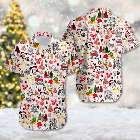 Discover Mickey & Friends Christmas Hawaii Shirt, Mickey Mouse Button Up Shirt, Cartoon Xmas Shirt, Mickey Ears Hawaiian Shirt, Magic Kingdom Shirt