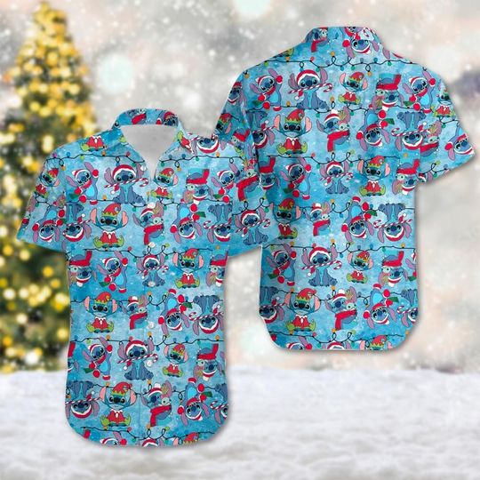 Stitch Christmas Light Hawaiian Shirt, Merry Stitchmas Hawaii Shirt, Lilo And Stitch Button Up Shirt, Stitch Santa Hat Xmas Party Shirt