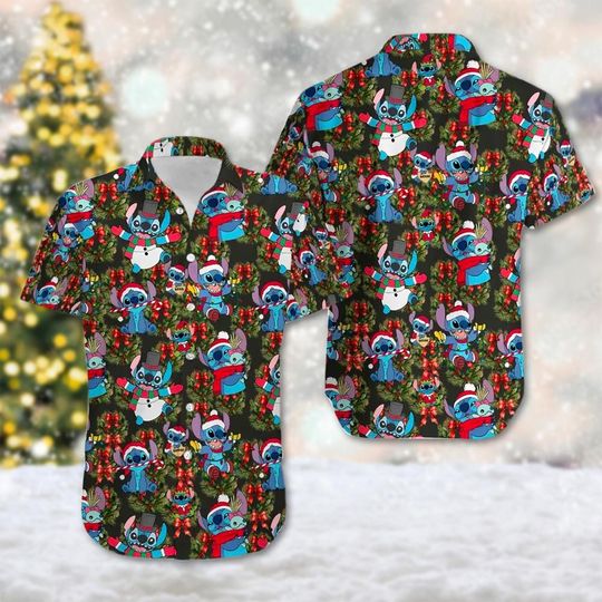 Discover Stitch Santa Hat Christmas Hawaii Shirt, Lilo And Stitch Button Up Shirt, Stitch Xmas Party Hawaiian Shirt, Magic Kingdom 3D Shirt