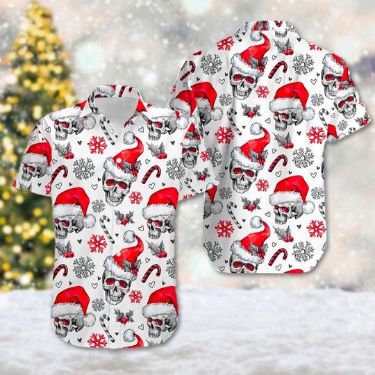 Discover Skull Christmas Hawaii Shirt, Skulls Christmas Holiday Button Up Shirt, Skulls Santa Xmas Party Gift, Funny Skulls 3D All Over Print Shirt