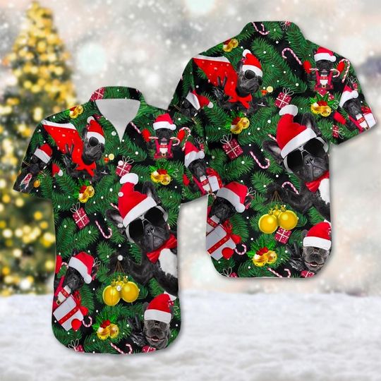 Discover Cool French Bulldog Christmas Tree Hawaii Shirt, Bulldog Button Up Shirt, Dog Santa Hat Hawaiian Shirt, Bulldog 3D All Over Print Shirt