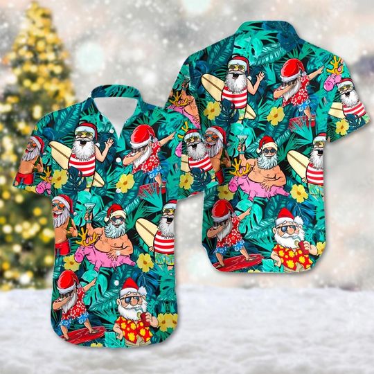 Discover Funny Santa Claus Swimming Hawaii Shirt, Tropical Santa Claus Button Up Shirt, Santa Xmas Party Hawaiian Shirt, Santa Christmas 3D T-Shirt