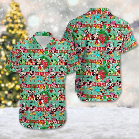 Discover Mickey Minnie Christmas Hawaiian Shirt, Mickey Mouse Decorate Christmas Hawaii Shirt, Cartoon Xmas Party Button Up Shirt, Magic Kingdom Tee