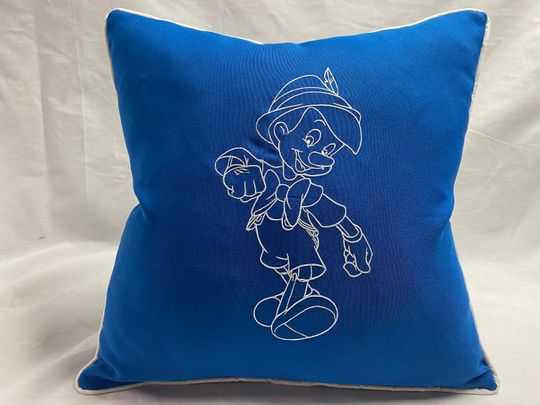 Discover Custom Pillows/Sapphire Blue Fabric / White Embroidered / Pinocchio Square Pillow