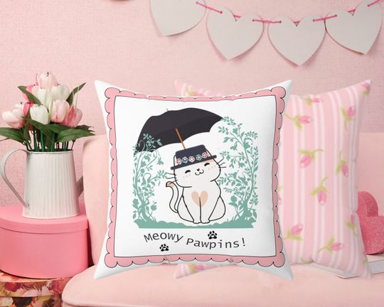 Meowy Pawpins Mary Poppins Inspired CAT THROW PILLOW Square Fun Cute Original