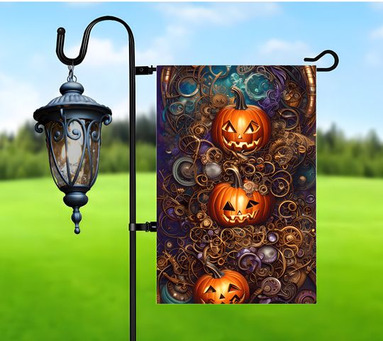 Discover Halloween Garden Flag Sublimation Design, Steampunk Pumpkins Garden Flag