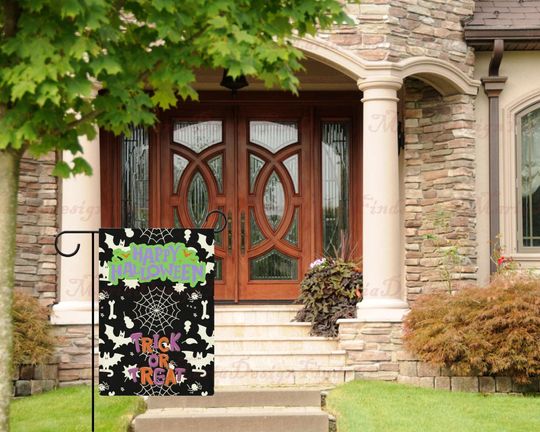 Bats Spider Webs Skull and Bones Halloween Garden Flag, Whimsical Halloween Flag