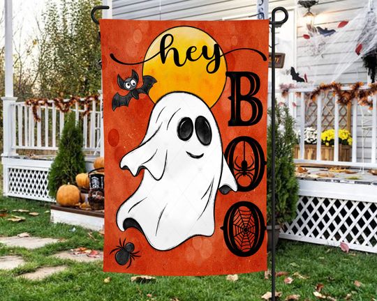 Discover Halloween Garden Flag Design, Haunted House, Ghosy, Hey Boo, Decoration