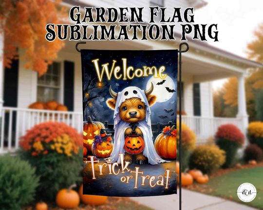 Highland Cow Garden Flag Sublimation PNG / Halloween Watercolor Rustic
