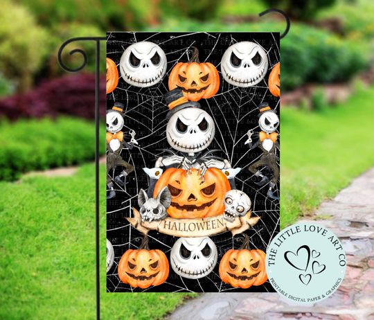 Halloween Skeleton Garden Flag Sublimation Design, Halloween Pumpkin Yard Decor
