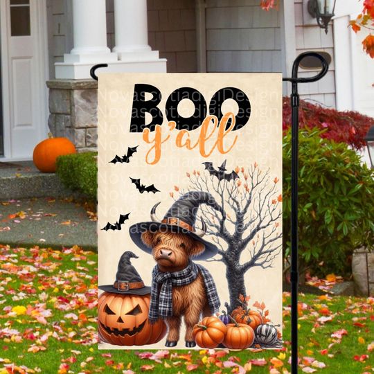 12x18 Garden Flag Sublimation Design, Boo Y'all Halloween Highland Cow