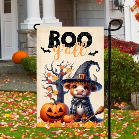 Discover 12x18 Garden Flag Sublimation Design, Boo Y'all Halloween Highland Cow