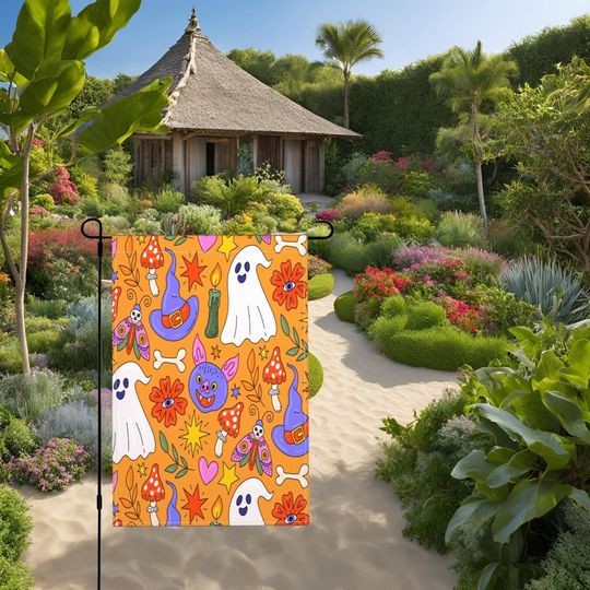 Discover Halloween Garden Flag | Colorful Ghosts, Bats, Witches Hat & Mushrooms Design