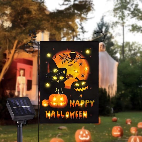Discover Solar Halloween Garden Flag, Double Sided Pumpkin Cat Garden Flag for Garden