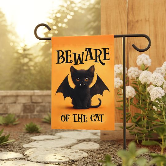 Discover Double-Sided Halloween Garden Flag - Beware of the Cat with Bat Wings