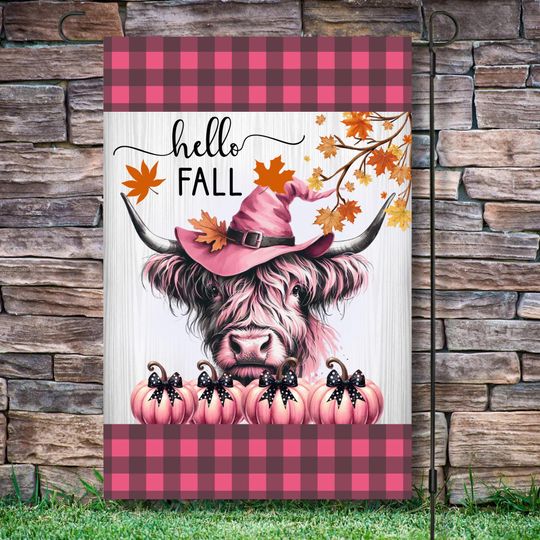 Discover Garden Flag, Highland Cow, Pumpkins, Pink Halloween
