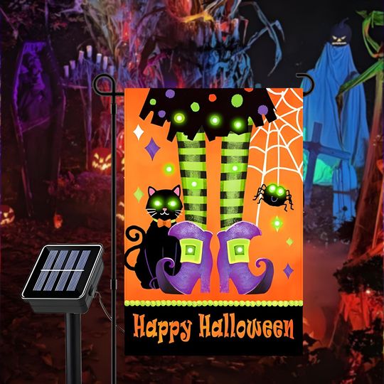 Discover Lighted Happy Halloween Garden Flags Double Sided Solar LED Flashing