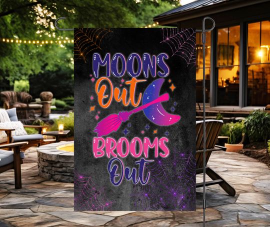 Discover Garden Flag Sublimation Design , Moons Out Brooms Out, Digital Download Desig