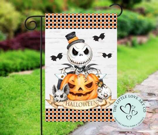 Halloween Skeleton Garden Flag Sublimation Design, Halloween Pumpkin Yard Decor