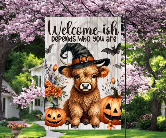 Discover Funny Halloween Highland Cow Garden Flag Sublimation Design  Funny Flag Welcome-ish