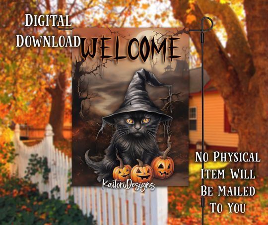 Discover Black Cat and Pumpkins Spooky Halloween Garden Flag Sublimation Design Template