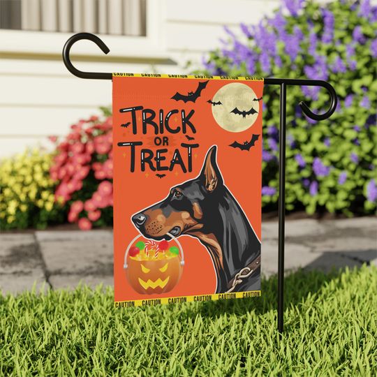 Doberman Trick or Treat Garden Flag Banner, Doberman Halloween Garden Flag