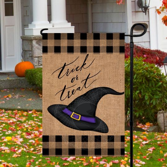 Discover 12x18 Garden Flag Sublimation Design, Trick Or Treat Witch Hat