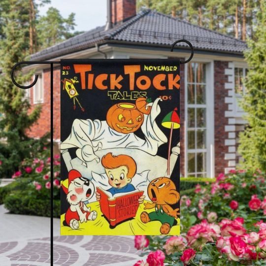Vintage Tick Tock Tales Halloween Garden Flag | Spooky Storytime Pumpkin Design