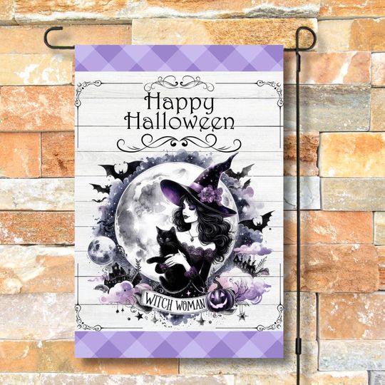 Discover Garden Flag, Black Cat, Retro Witch, Purple Halloween, Yard Sign