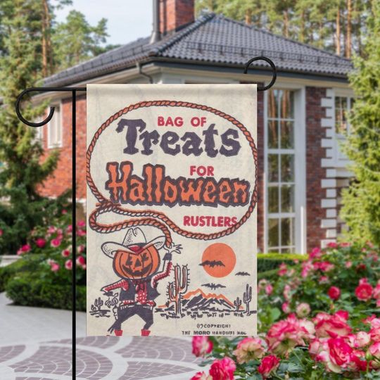 Discover Vintage Halloween Garden Flag - Cowboy Pumpkin 'Bag of Treats' Decor