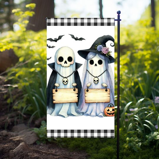Discover Add Text Ghost Couple Wedding Party Happy Halloween Garden Flag Skeleton