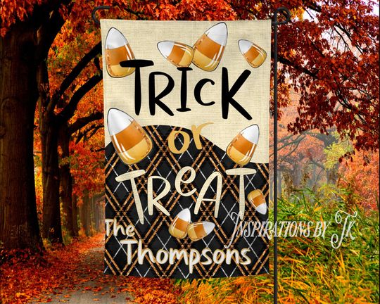 Discover Trick or Treat Candy Corn Halloween Garden Flag Design