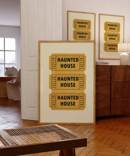 Retro Haunted House Ticket Wall Art, Halloween Apartment Decor, Vintage Ticket Print