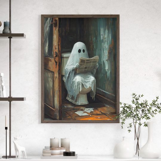 Discover Funny Ghost on a Toilet Reading Vintage Art Print Poster or Canvas