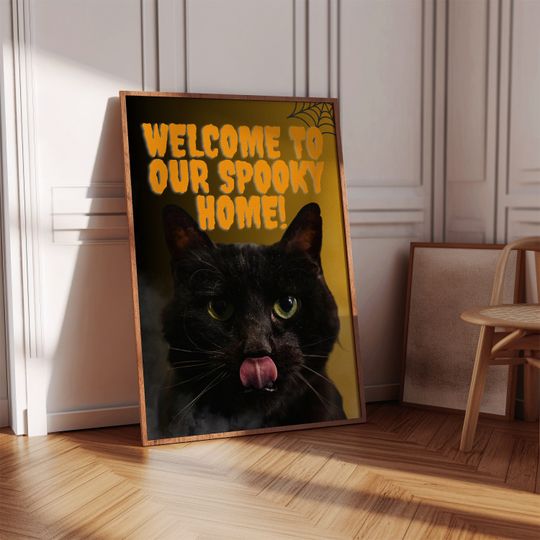 Discover Halloween Black Cat Wall Art Print, Black Cat Illustration, Halloween Cat Poster