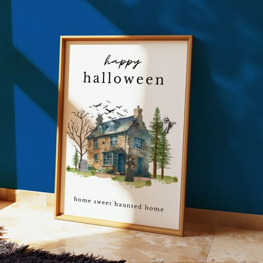 Haunted House Decor, Watercolor Halloween Poster, Large Wall Art, Digital Print