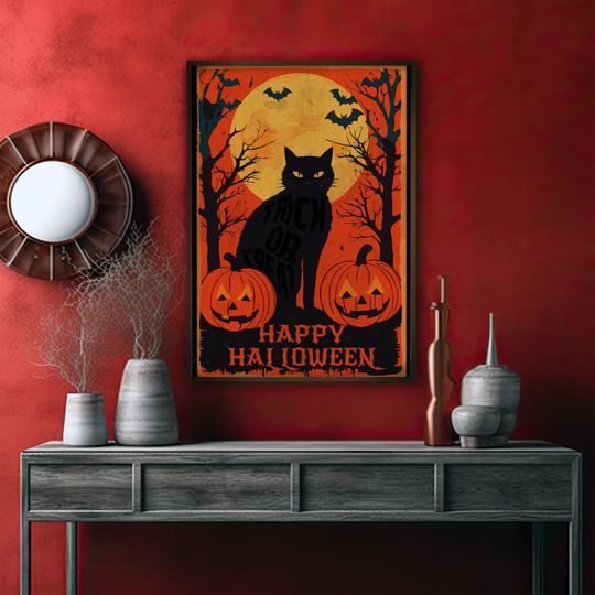 Discover Vintage Halloween Poster with Witch & Black Cat Imagery